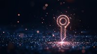 Glowing digital key symbol with sparkling particles on dark background, representing cybersecurity, access control, and digital protection solutions.
