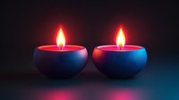 Two glowing red candles in blue ceramic holders against dark background, creating atmospheric mood lighting for relaxation or meditation.