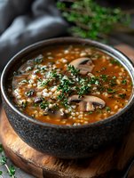 Hearty mushroom barley soup garnished with fresh herbs in black ceramic bowl on wooden board, rich broth with tender vegetables and grains for warming comfort food.