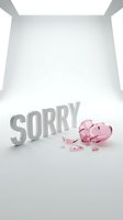 Word SORRY in white bold letters beside a shattered pink glass piggy bank on a white studio background, symbolizing financial regret and apology.
