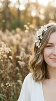 Young Caucasian woman with white flowers in wavy hair smiling outdoors in golden sunlight with soft bokeh background for spring portrait photography.