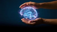 Protective hands surrounding glowing digital brain hologram representing mental health care, neuroscience research, and cognitive protection concepts.