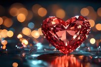 Red crystal heart on reflective surface with golden bokeh lights in background, romantic Valentine concept for greeting cards and love declarations.