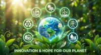Innovation and hope for our planet with green technology icons surrounding Earth globe held by leaves against natural bokeh background.