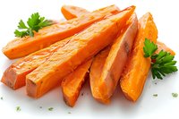 Roasted sweet potato wedges garnished with fresh parsley on white background, healthy vegetable side dish for restaurant menu and food service.