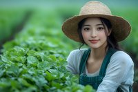Young Asian woman farmer in straw hat and overalls smiling while working in green organic vegetable garden during harvest season, sustainable agriculture concept.
