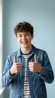 Happy teenage boy with curly hair giving thumbs up gesture wearing denim jacket and striped shirt against light blue wall background for youth lifestyle content.
