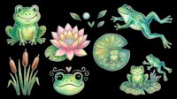 Cute green frogs, pink lotus flower, lily pads, and cattails isolated on transparent background. Ready for t-shirt designs, clipart, stickers, sublimation, and print-on-demand projects.