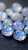 Iridescent opal gemstones with rainbow reflections scattered on dark surface creating magical luminous display for jewelry and crystal healing concepts.