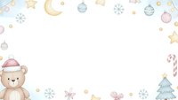 Cute Christmas frame with teddy bear, ornaments, stars and snowflakes on white background. Holiday border design for greeting cards and festive decorations.