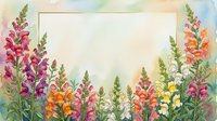 Watercolor wildflower border frame with colorful snapdragons and lupines on textured paper background for spring garden design projects.