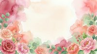 Watercolor floral border with pink and coral roses, peonies, and green foliage on cream background. Isolated design element suitable for invitations, cards, and decorative projects.