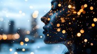 Silhouette profile against blurred city lights with magical bokeh overlay creating dreamy atmosphere. Artistic double exposure effect shows feminine face in contemplative mood.