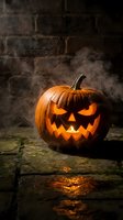 Carved jack-o'-lantern pumpkin with glowing face against dark brick wall and misty atmosphere, perfect for Halloween celebrations and seasonal marketing.
