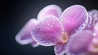 Purple orchid flowers with delicate water droplets on petals creating sparkling effect against dark background for spa wellness and nature photography.