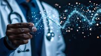 African American male doctor examining glowing DNA structure visualization with digital particles, representing genetic research and medical innovation in healthcare.