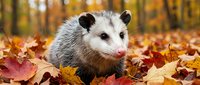 Young opossum sitting among colorful autumn leaves in natural forest setting. Wildlife photography showcasing seasonal fall foliage and native marsupial.