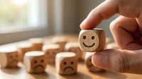 Hand selecting wooden cube with happy smiley face from group of sad face blocks representing positive thinking, optimism and emotional choice in business.