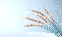 Dried wheat stalks against soft blue winter background with gentle falling snow and bokeh lights creating serene seasonal atmosphere.