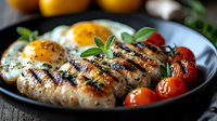 Grilled sausages with sunny side up eggs and roasted cherry tomatoes on black plate, garnished with fresh herbs. Hearty breakfast or brunch serving.