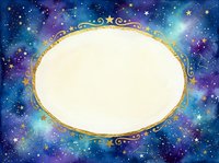 Ornate golden frame with decorative swirls on cosmic starry galaxy background in blue and purple hues for text overlay and celestial design projects.