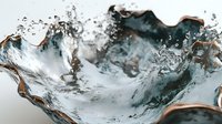 Dramatic close-up of water splash frozen in motion with deep teal and white tones, copper edges creating abstract fluid art pattern, macro photography on light background.