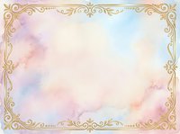 Soft watercolor background with pastel pink, blue, and cream tones, framed by ornate gold decorative border. Isolated on transparent background, ready for invitations, cards, and design projects.