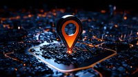 Glowing orange location pin marker on futuristic digital city map with neon lights and reflective surface. Dark background with illuminated details.
