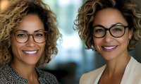 Professional mixed race businesswomen with curly hair and glasses smiling confidently in corporate office setting. Modern workplace diversity and leadership concept.