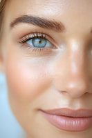 Close-up of bright blue eye with perfectly groomed eyebrow, natural makeup, and flawless skin showing beauty and skincare results for cosmetic advertising.