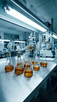 Laboratory flasks containing amber liquid samples arranged on workbench in modern research facility with bright overhead lighting and scientific equipment in background for pharmaceutical or chemical testing.