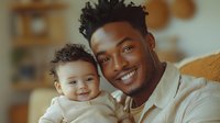 Young African American father holding smiling mixed race baby at home. Warm tones and genuine emotions create heartwarming family moment showing paternal bond and joy.