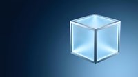 Glowing transparent cube with metallic frame on blue gradient background, isolated for design, web graphics, and digital projects.