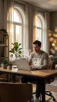 Young Caucasian man working on laptop at home office desk with glowing digital tech icons, cozy interior with arched windows and warm light.