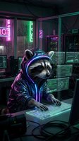 Cyberpunk raccoon hacker in futuristic hoodie working on computer in neon-lit room with multiple screens and digital interfaces for gaming content.