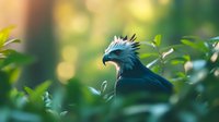 Majestic blue eagle with distinctive crest perched among lush green foliage, side profile view against soft bokeh background, wildlife photography composition.