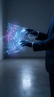 Businessman interacting with futuristic holographic interface displaying data analytics and digital technology in modern office environment.