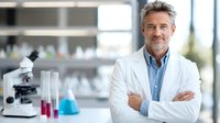 Confident mature Caucasian male scientist in white lab coat standing with crossed arms in modern laboratory with microscope and colorful chemical solutions.