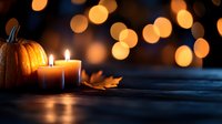 Autumn pumpkin and glowing candle with warm bokeh lights creating cozy seasonal atmosphere on rustic wooden surface for fall decorating and holiday celebrations.