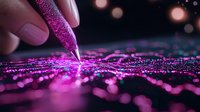 Vibrant pink glitter spilling from nail polish brush creating magical sparkle pattern on dark background with bokeh lights and dreamy atmosphere.
