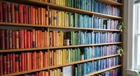 Colorful rainbow bookshelf with organized books arranged by color spectrum from red to purple creating vibrant home library display for interior design.