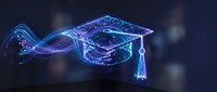Digital graduation cap with flowing light trails and network connections on dark blue background representing online education and academic achievement.