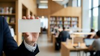 Professional man in business suit holding blank white card in modern library or office setting with bookshelves and colleagues working in background.