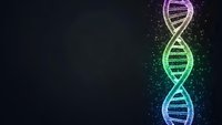 Glowing DNA double helix structure with neon colors on dark background for genetic research, biotechnology and medical science concepts.