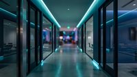 Modern office corridor with glass walls and cyan LED lighting creating futuristic corporate atmosphere for business presentations and workplace concepts.