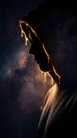 Silhouette of person reaching upward against starry night sky with glowing golden light outline creating dramatic cosmic atmosphere for inspirational content.