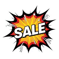 Comic book style explosion burst with SALE text in bold white letters on yellow and red starburst background for promotional marketing campaigns.