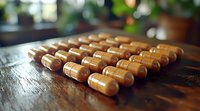 Rows of brown medical capsules arranged systematically on wooden surface with soft bokeh background, showcasing pharmaceutical supplements in natural lighting.