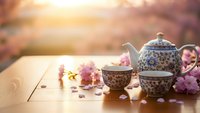 Elegant porcelain tea set with floral pattern on wooden table surrounded by pink cherry blossoms in warm golden sunlight for relaxing afternoon tea ceremony.