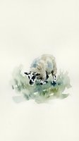 Watercolor lamb grazing on green grass, soft muted tones, minimalist farm animal art on light background for prints and cards.